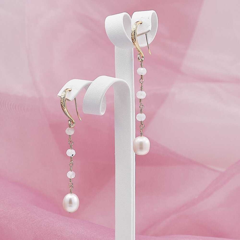 Pearl & Moonstone Dangle Earrings, 14K Gold Filled